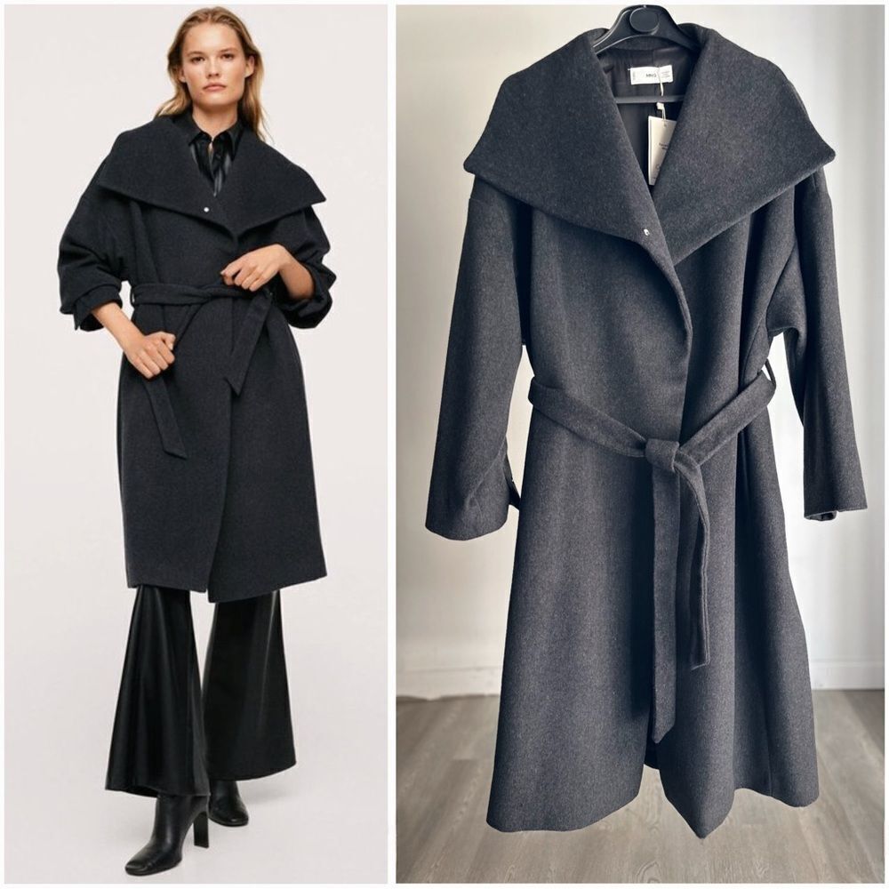 Mango Wool Blend Belted Oversized Coat New